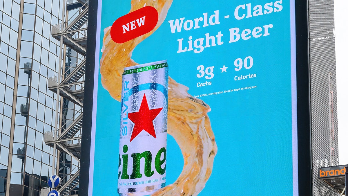 An advertisement for Heineken Silver on a large-scale screen in Yonge-Dundas Square in Canada