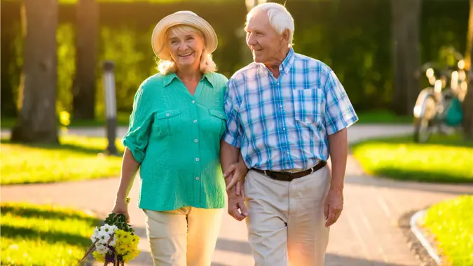 happy senior couple walking in park, retirement