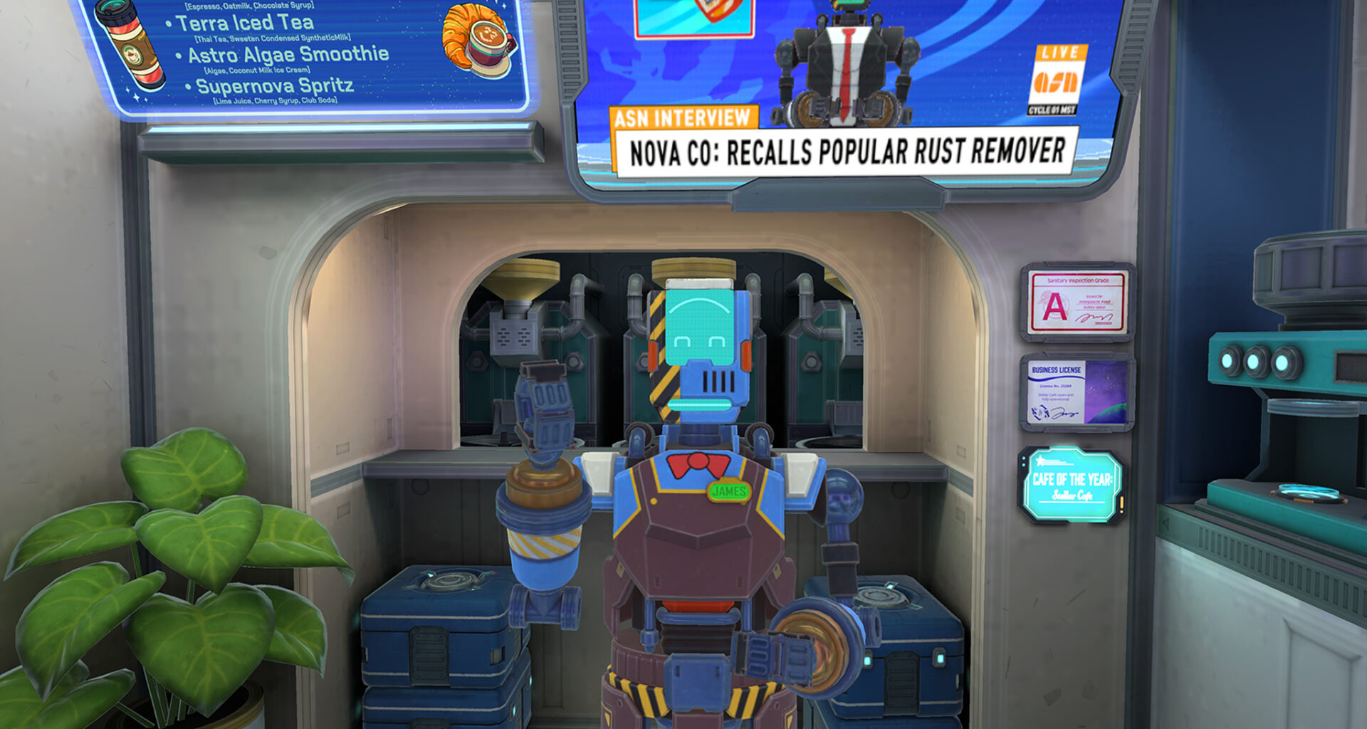 An official screenshot of Stellar Cafe on the Meta Quest 3 of the bartender