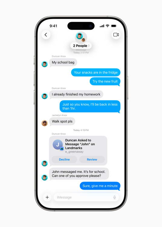 A phone with the Messages app showing beta features.