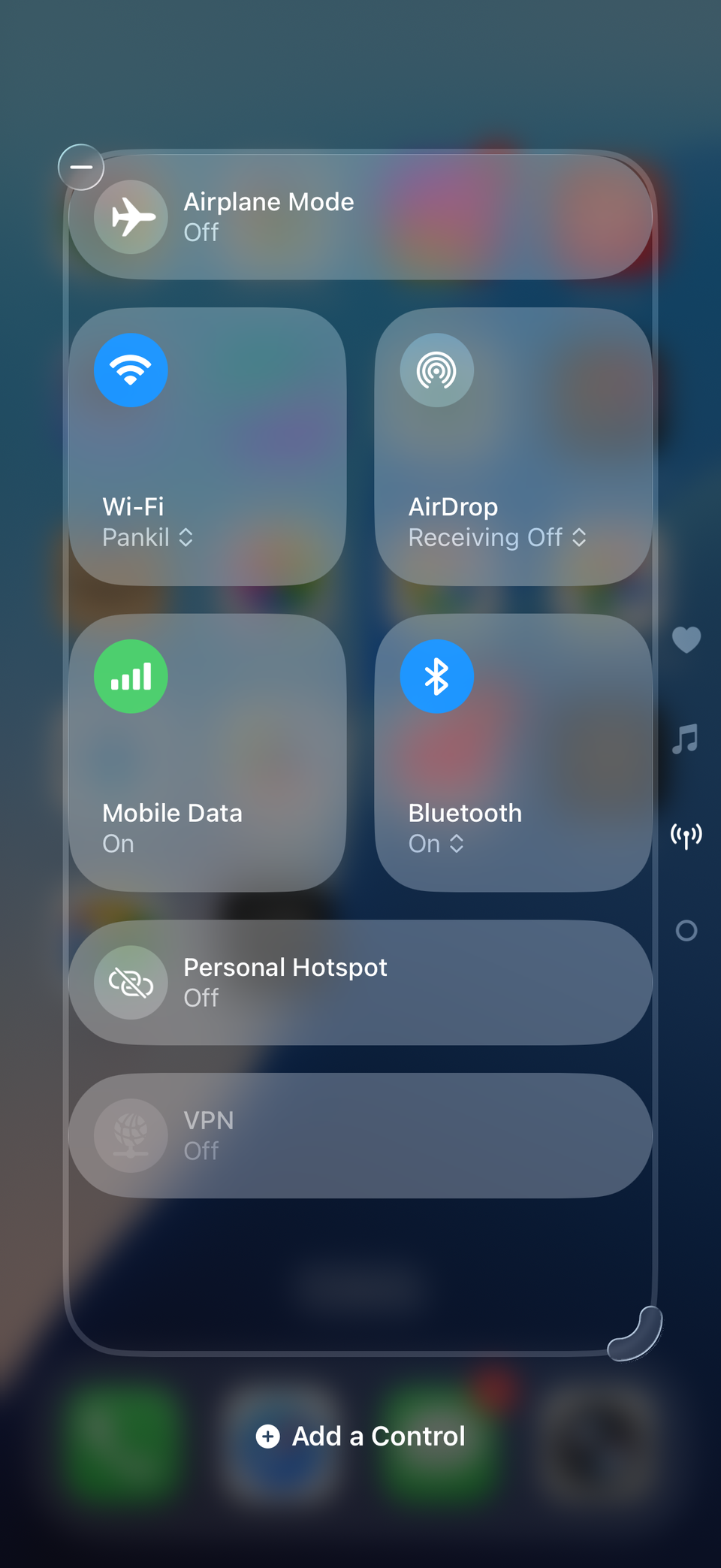 iPhone Control Center showing connectivity page