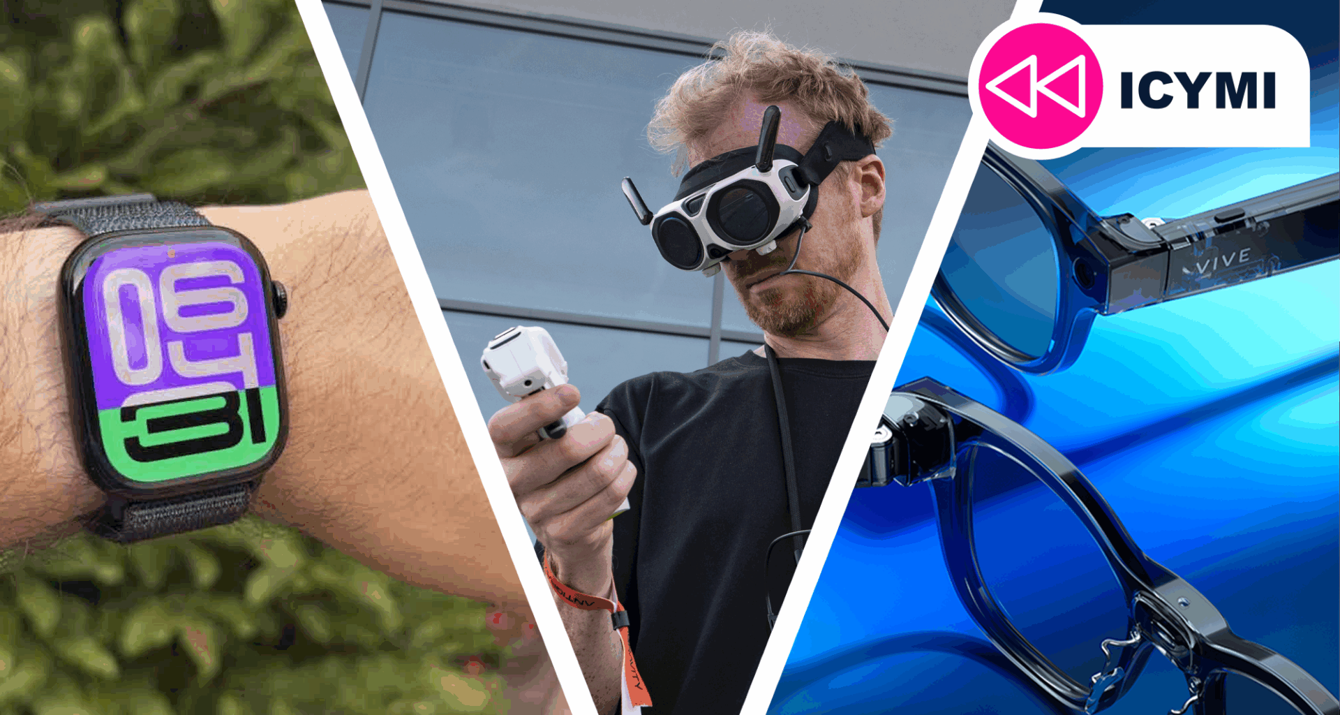 An Apple Watch, Insta360 Antigravity, and the Vive Eagle next to each other.