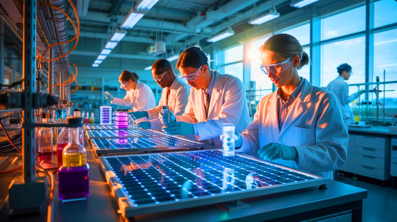 Illustration of researchers enhancing photocatalytic efficiency for clean fuel production using sunlight.