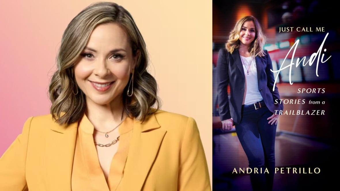 A photo composite that features a woman wearing a yellow blazer on the left and on the right is a book cover of a woman wearing a suit jacket and jeans on the bottom. 