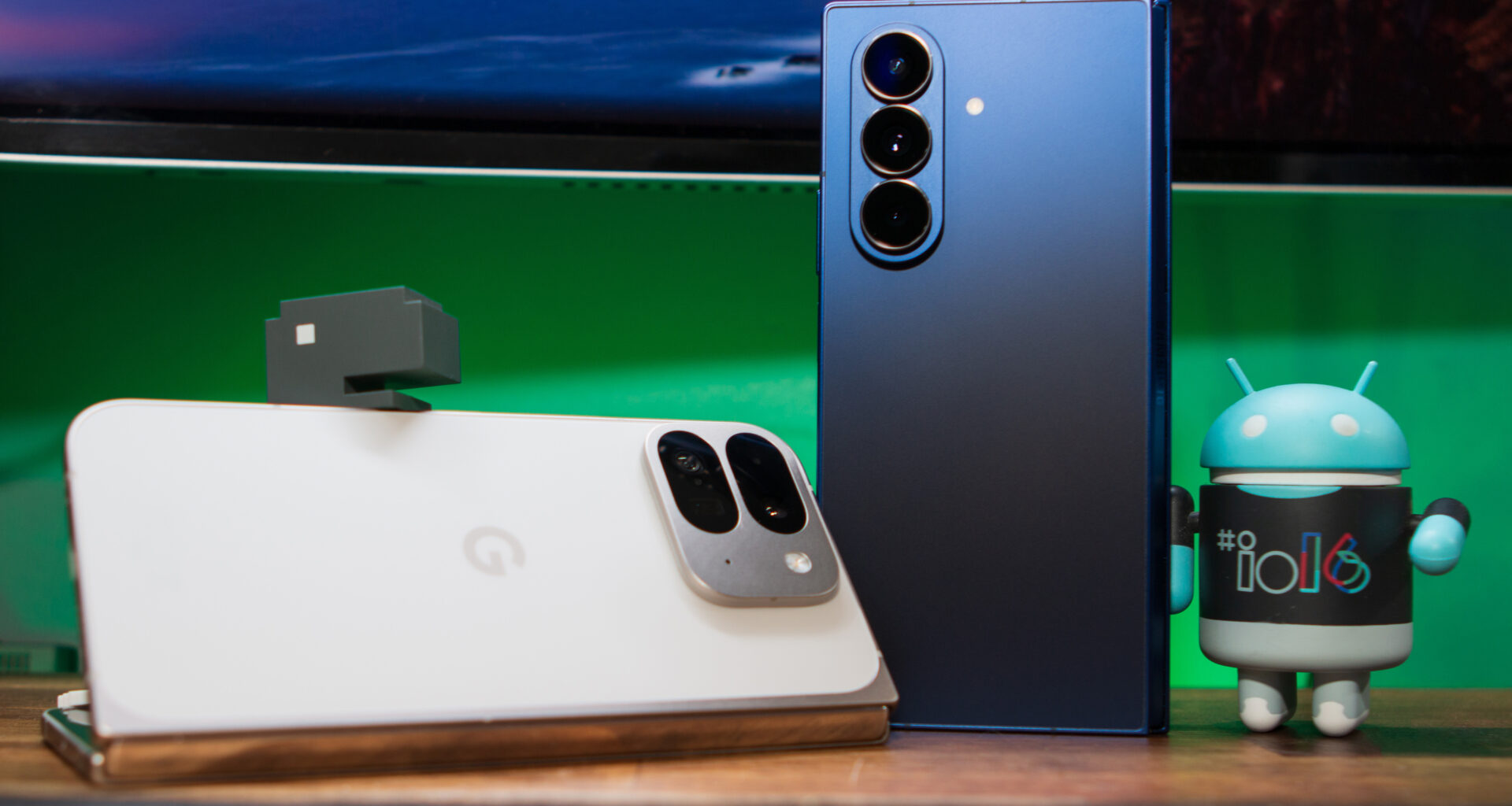 The Pixel 9 Pro Fold next to the Galaxy Z Fold 7.