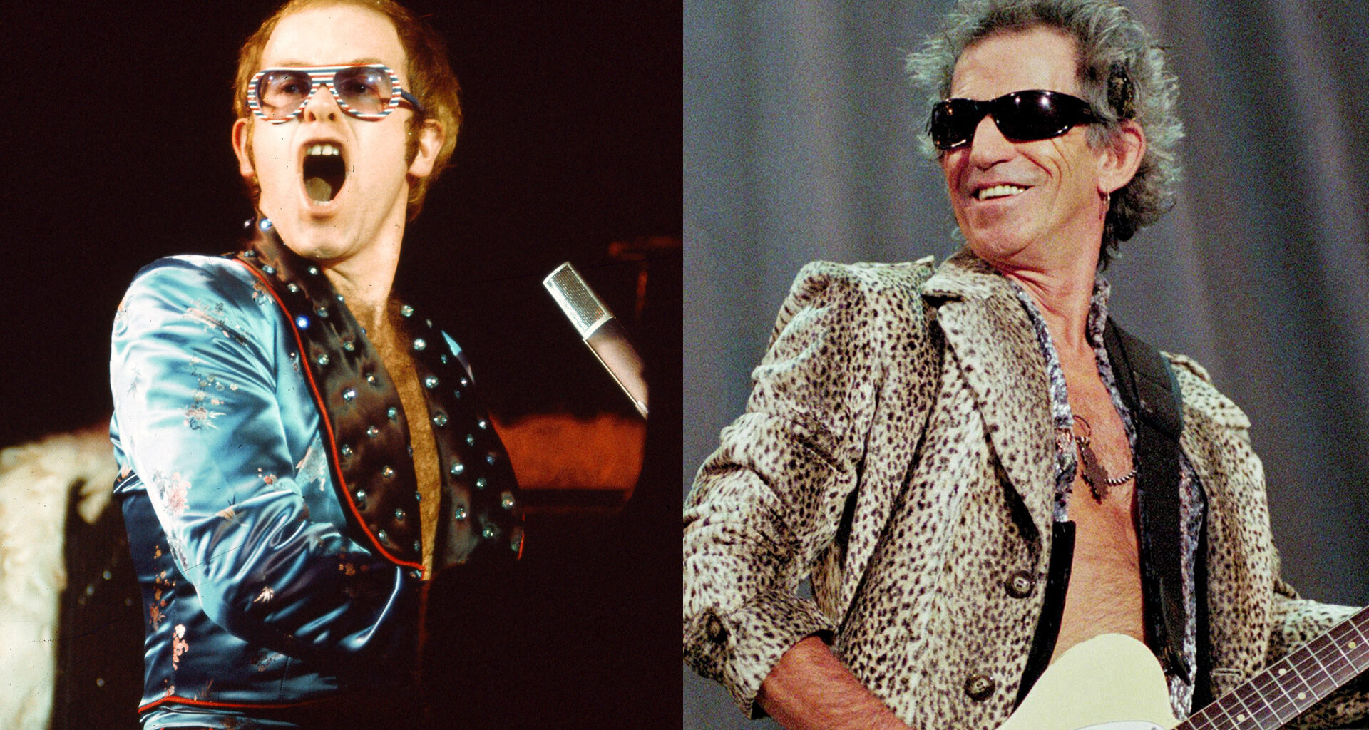 LEFT: Elton John performs at London's Hammersmith Odeon, December, 1973. RIGHT: Keith Richards performs with the Rolling Stones in Amsterdam, June 29, 1996