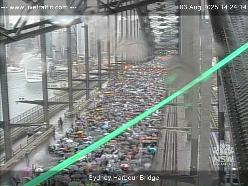 A dense crowd of people across the sydney Harbour Bridge