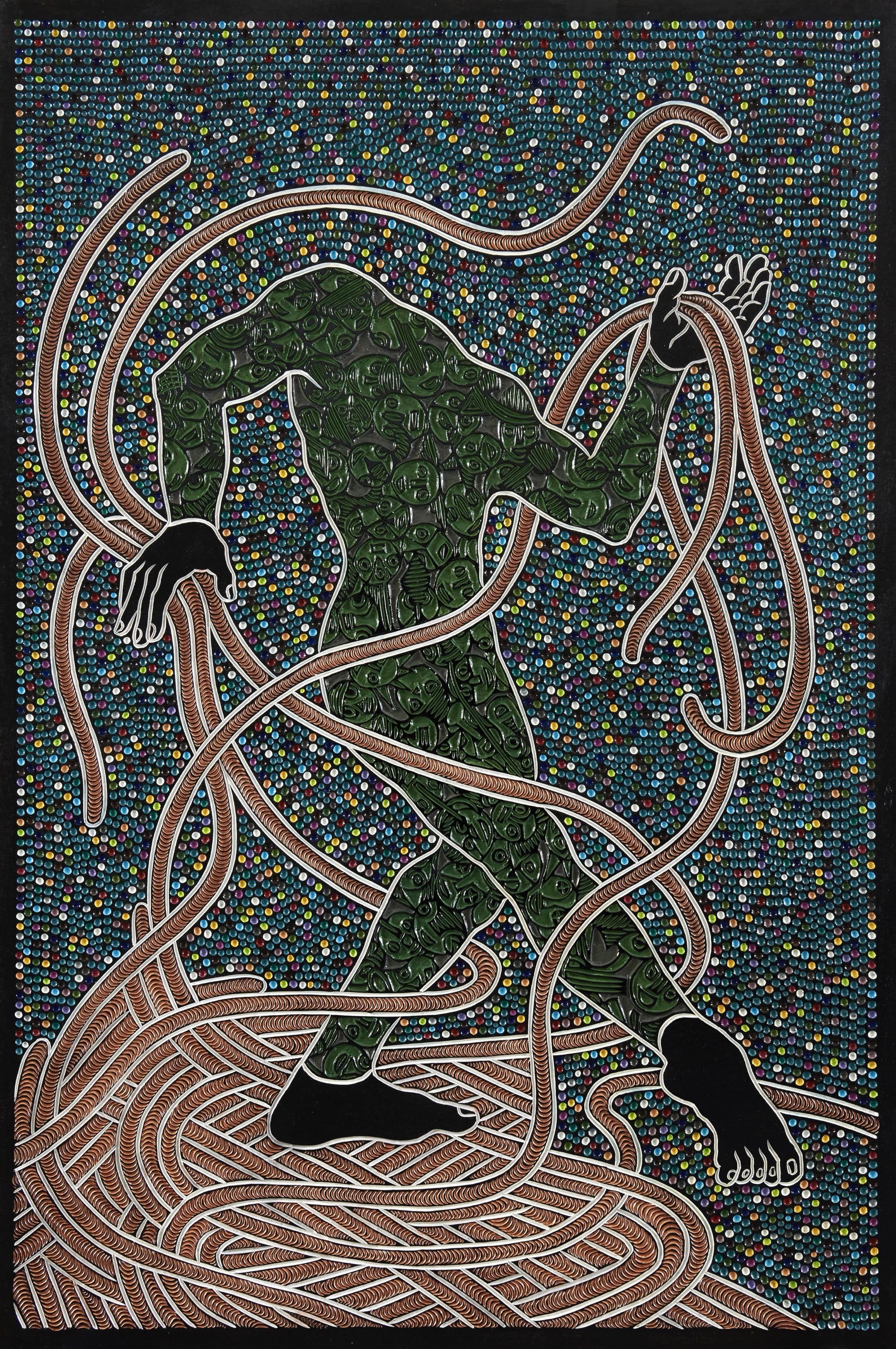 An abstract painting carved from wood with geometric patterns and a headless figure.