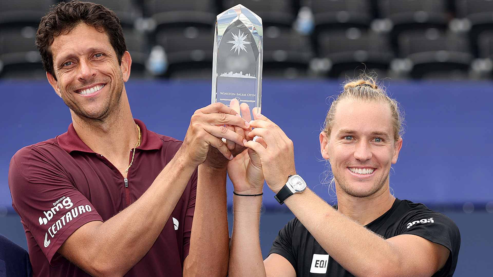 Rafael Matos and Marcelo Melo win the 2025 Winston-Salem Open men's doubles title.