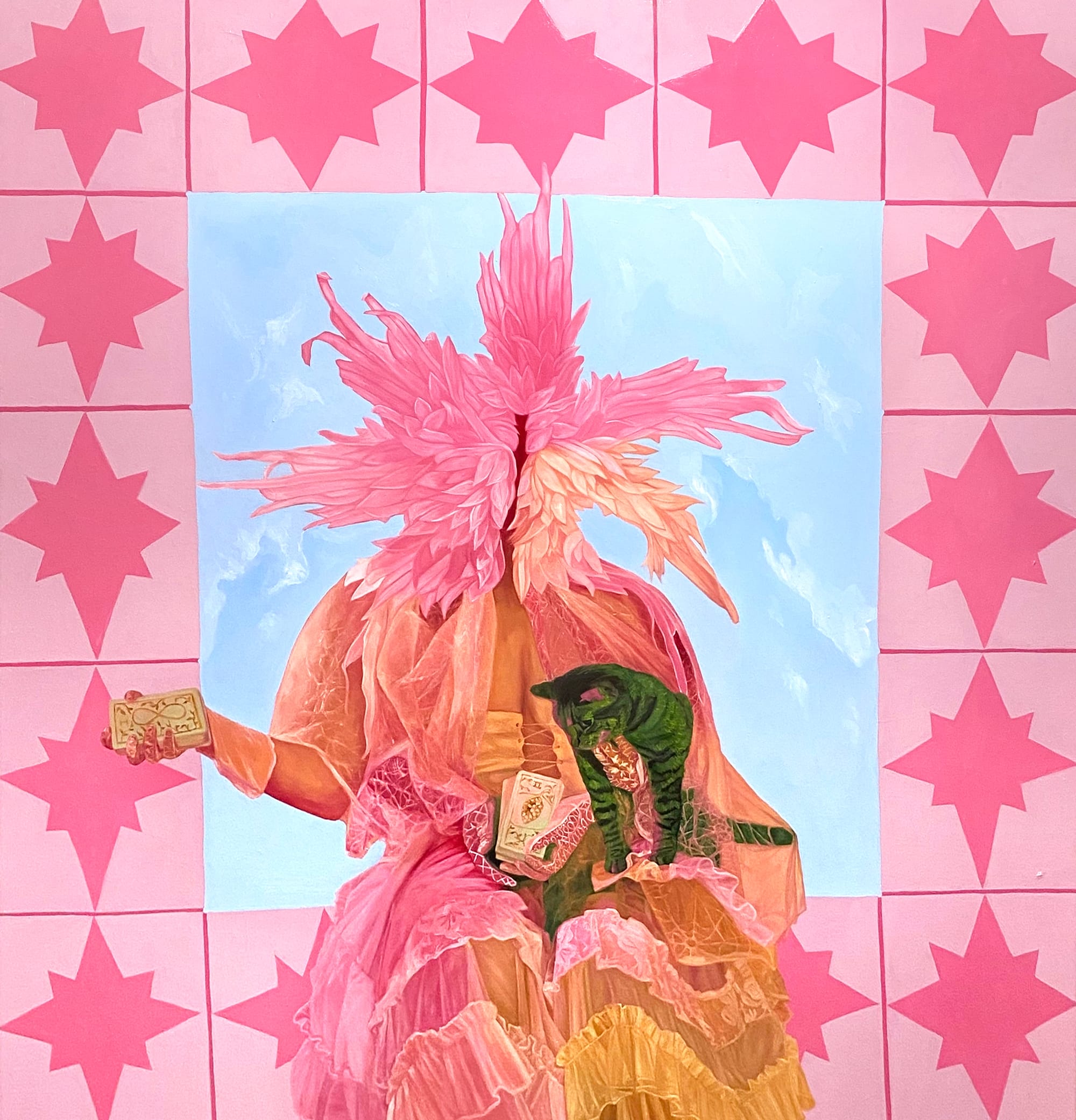 a painting of a woman with a green cat in her arms and a deck of cards in the other. a pink leaf masks her face with a pink patterned border around her