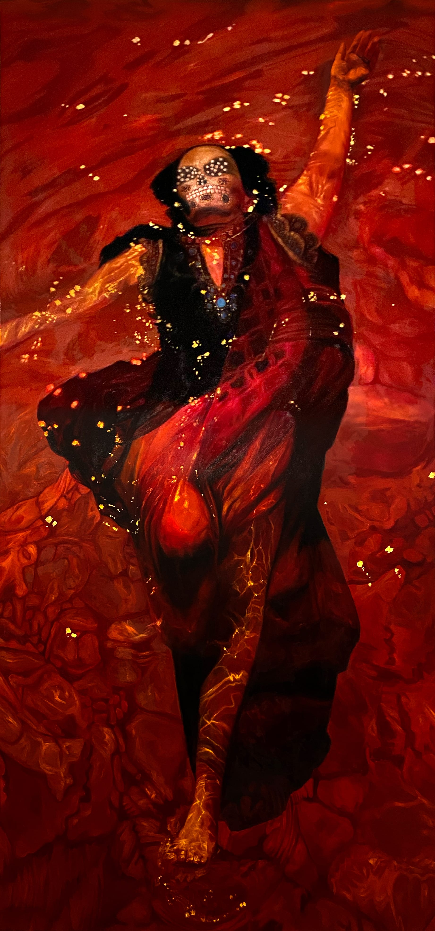 a vertical painting of a woman in a flowy garment swimming in red water