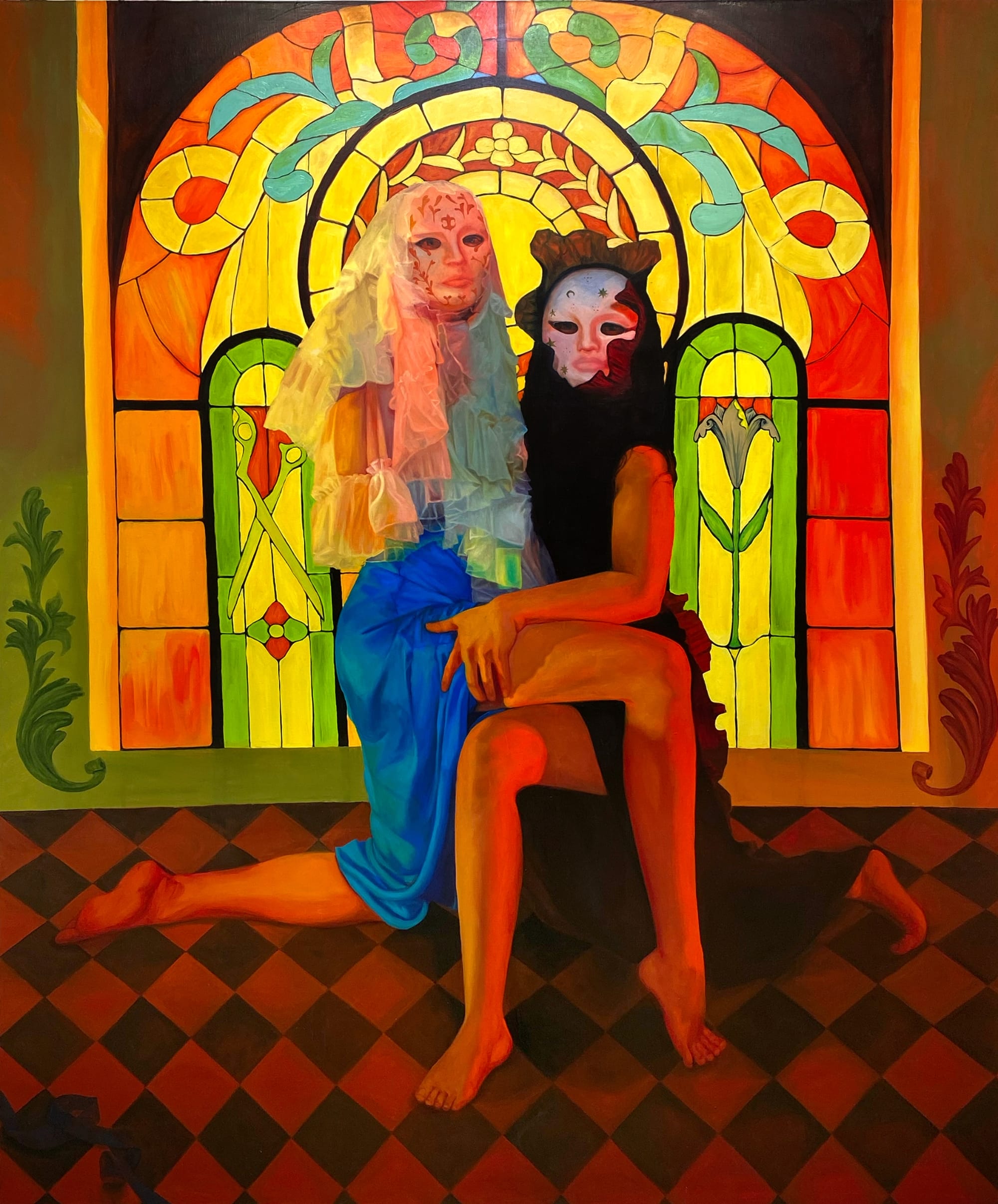 two women in front of a stained glass window. both have masks and are seated in an embrace