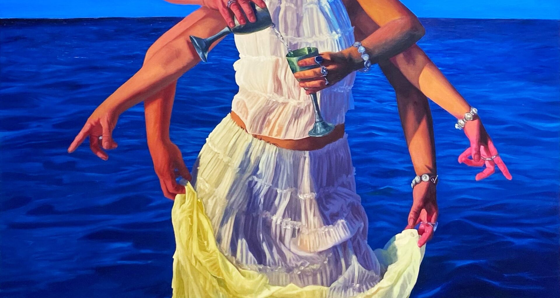 a painting of two women in white in water with a mask over the first face and hands pouring water into cups