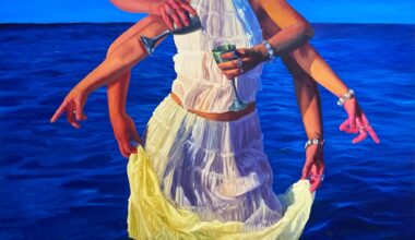 a painting of two women in white in water with a mask over the first face and hands pouring water into cups
