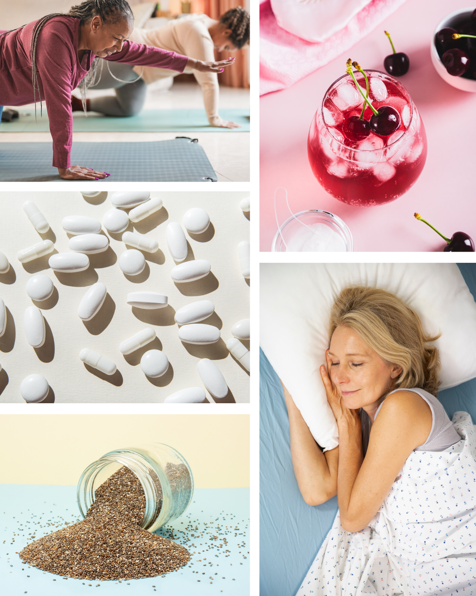 woman sleeping, chia seeds, pills, woman stretching, and cherry drink