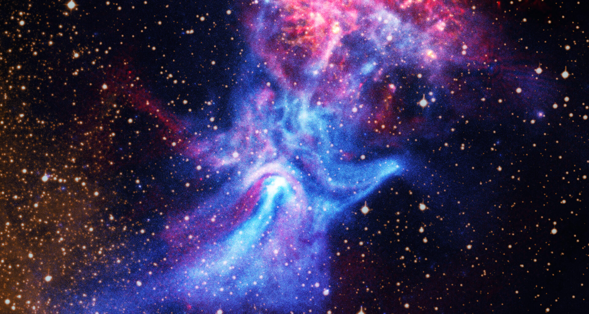 Near the center of these images lies the pulsar B1509-58, a rapidly spinning neutron star that is only about 12 miles in diameter. This tiny object is responsible for producing an intricate nebula (called MSH 15-52) that spans over 150 light-years, or about 900 trillion miles. The nebula, which is produced by energetic particles, resembles a human hand with a palm and extended fingers pointing to the upper right in a view from NASA's Chandra X-ray Observatory. Radio data from the Australia Telescope Compact Array (ATCA) provides new information about this exploded star and its environment. This image also contains optical data of hydrogen gas. The bright red and gold areas near the top of the image show the remains of the supernova that formed the pulsar.