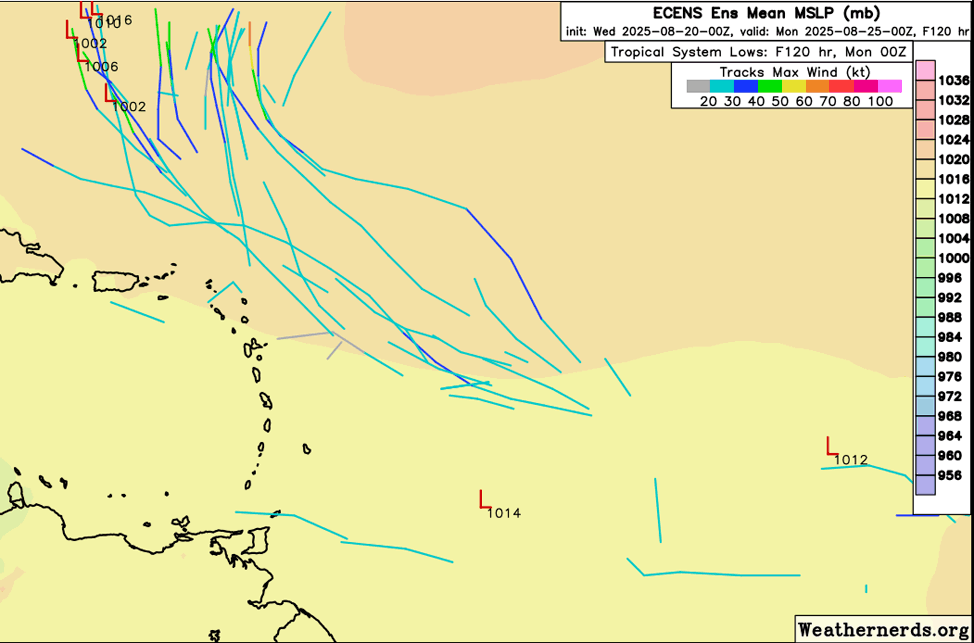A map of a portion of the Atlantic Ocean near the Leeward Islands showing potential tracks for a tropical disturbance north of the islands 