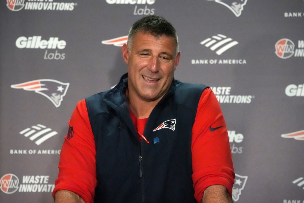 Mike Vrabel speaks during a news conference following a preseason NFL football game against the Minnesota Vikings Saturday, Aug. 16, 2025, in Minneapolis.