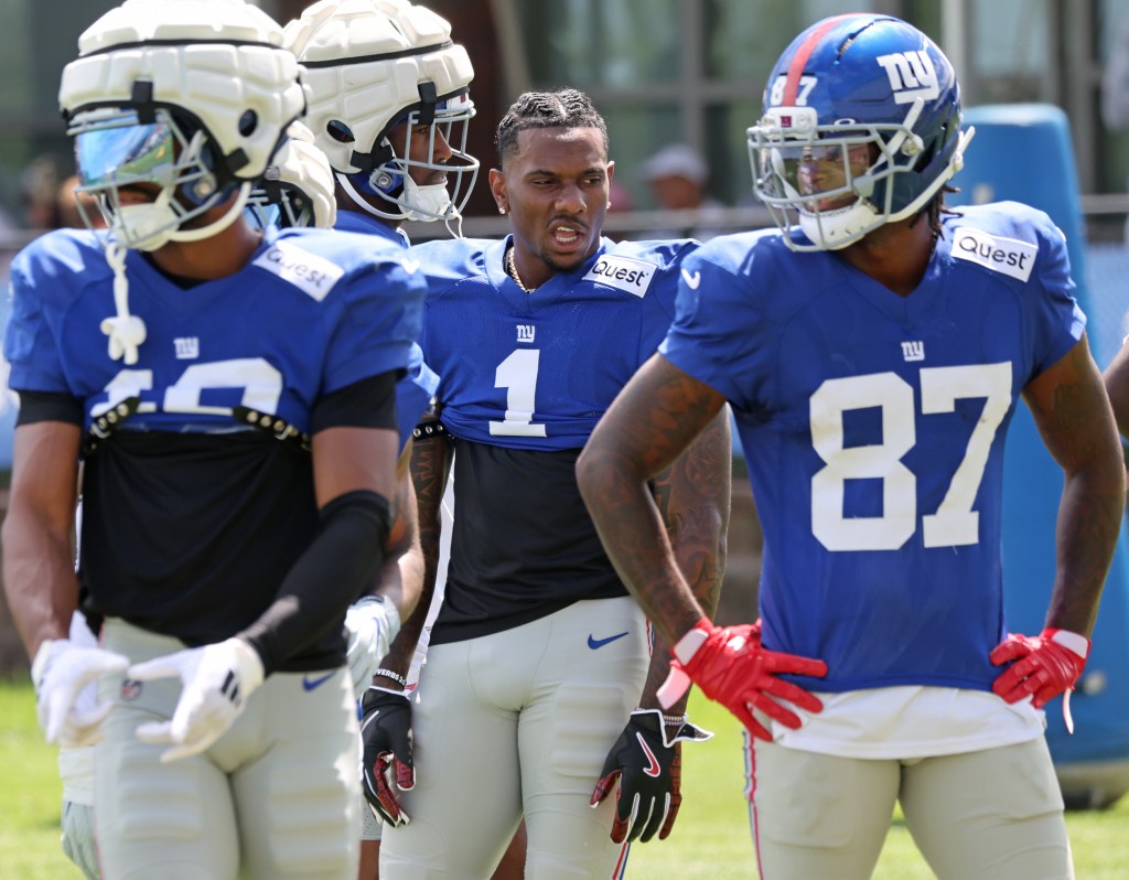 New York Giants players at practice.