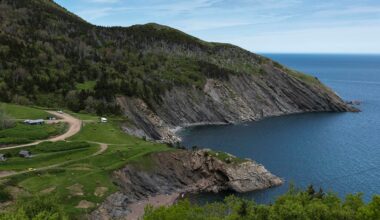 A scenic coastal landscape with steep, rocky cliffs, a winding dirt road, green hills, scattered trees, and small buildings near the edge of the ocean under a partly cloudy sky.