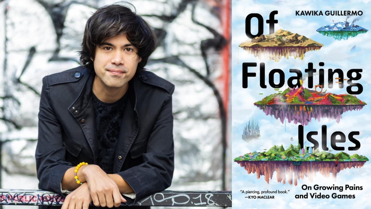 The author wearing a black leather jacket with their hands crossed in front of them and the book cover featuring illustrations of three floating islands