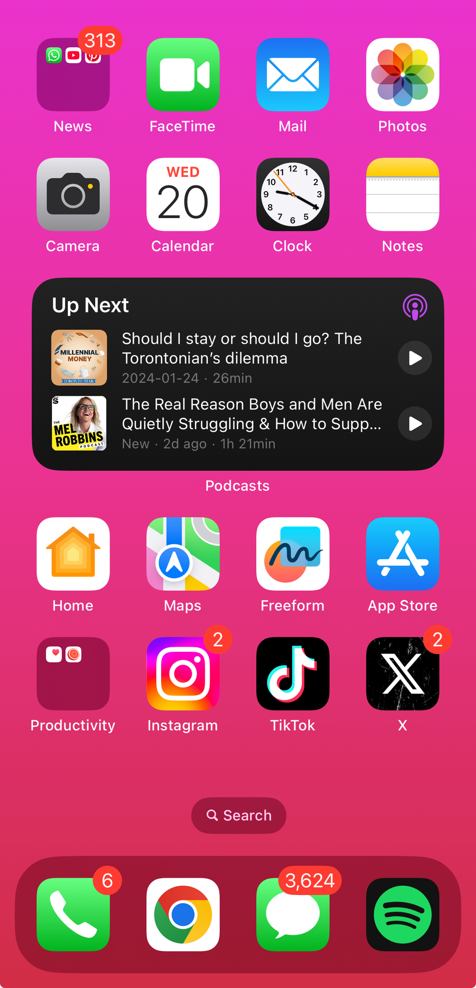 An interactive Apple Podcasts widget on the iPhone home screen.