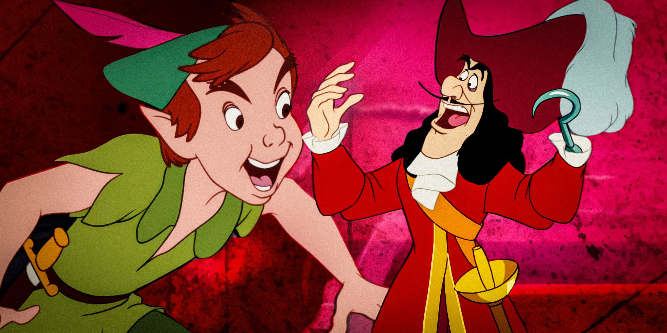 A composite image of Peter Pan flying in front of Captain Look yelling from Disney's Peter Pan