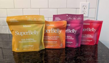 All the flavor varieties of the Blume SuperBelly hydration packets on my counter.
