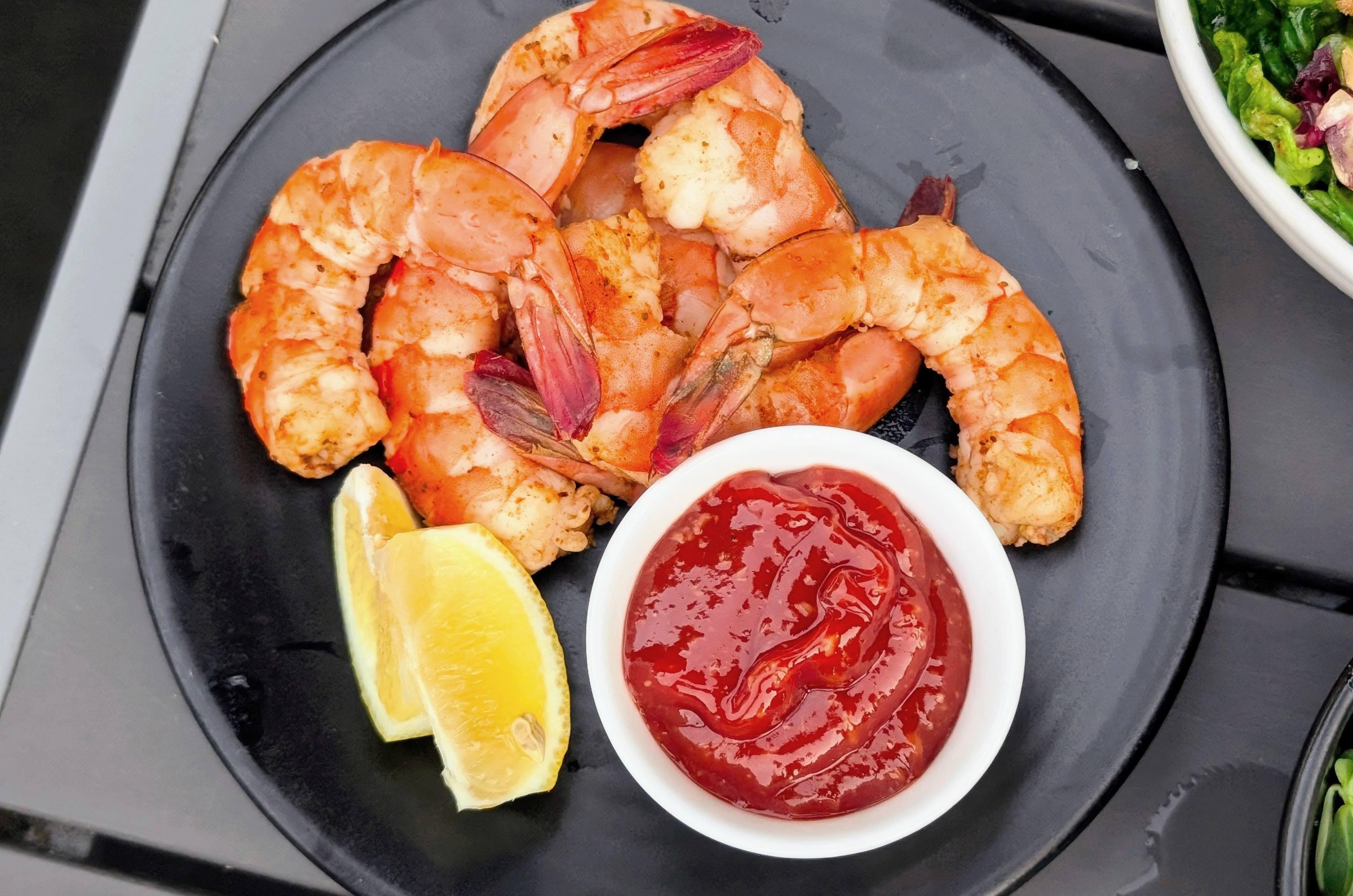 Overhead shot of steamed shrimp from the Backyard at the Hollywood Bowl