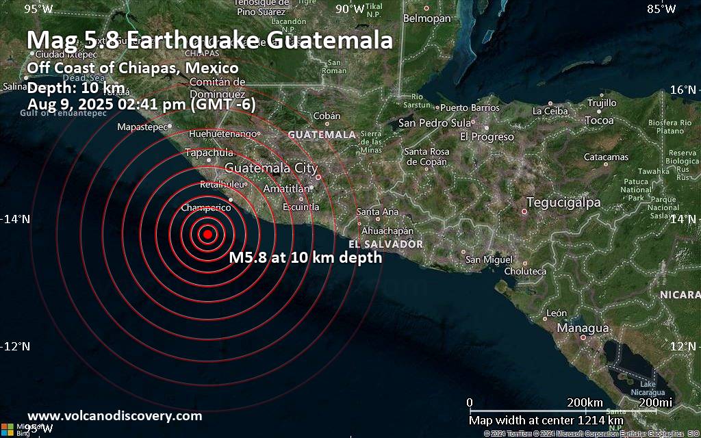 Strong Mag. 5.9 Earthquake - North Pacific Ocean, Departamento de Quetzaltenango, 138 km Southwest of Retalhuleu, Guatemala, on Saturday, Aug 9, 2025, at 02:40 pm (GMT -6) -