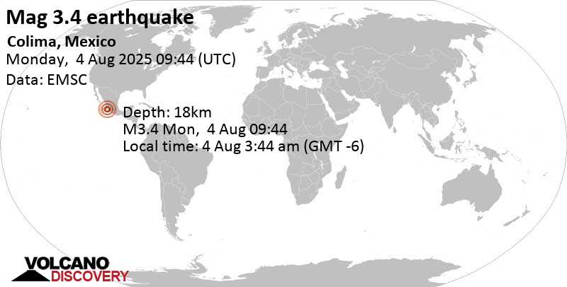 3.4 quake 6.4 km west of Colima, Estado de Colima, Mexico, Aug 4, 2025 03:44 am (Mexico City time)