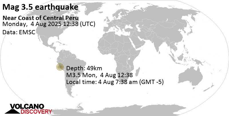 3.5 quake South Pacific Ocean, 63 km southeast of Lima, Lima Province, Peru, Aug 4, 2025 07:38 am (Lima time)