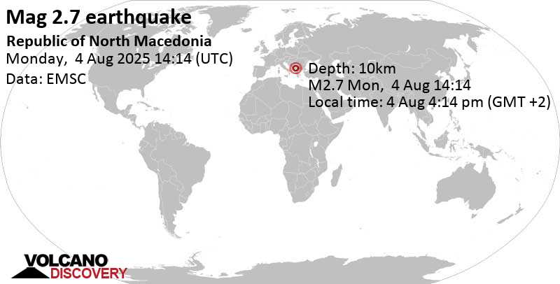 2.7 quake 5 km south of Tetovo, Tetovo, North Macedonia, Aug 4, 2025 04:14 pm (GMT +2)