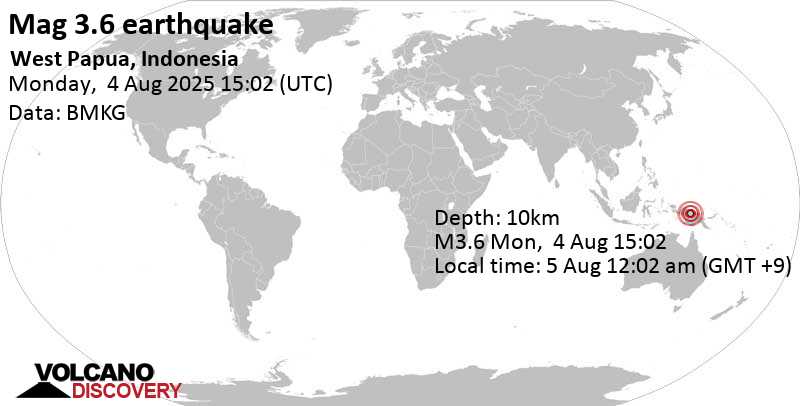 3.6 quake Kabupaten Pegunungan Bintang, South Papua, 170 km south of Jayapura, Indonesia, Aug 5, 2025 12:02 am (Jayapura time)