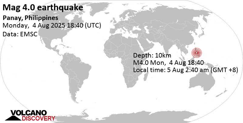 4.0 quake Sulu Sea, 72 km southwest of Kalibo (poblacion), Philippines, Aug 5, 2025 02:40 am (Manila time)