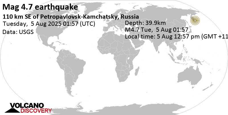 4.7 quake North Pacific Ocean, 110 km southeast of Petropavlovsk-Kamchatskiy, Kamchatka, Russia, Aug 5, 2025 12:57 pm (GMT +11)