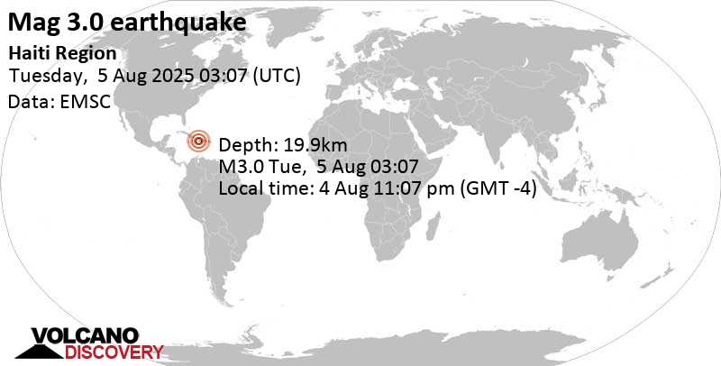 3.0 quake Caribbean Sea, 48 km east of Leogane, Departement de l'Ouest, Haiti, Aug 4, 2025 11:07 pm (GMT -4)
