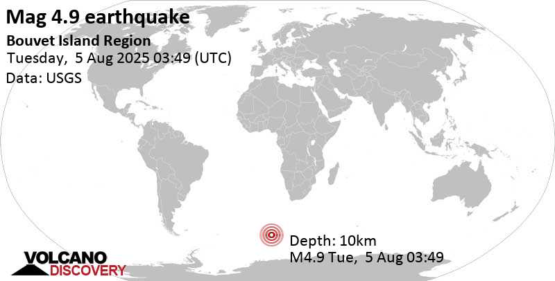 4.9 quake South Atlantic Ocean, 126 km east of Bouvetoya Island, Bouvet Island, Aug 5, 2025 03:49 am (GMT +0)