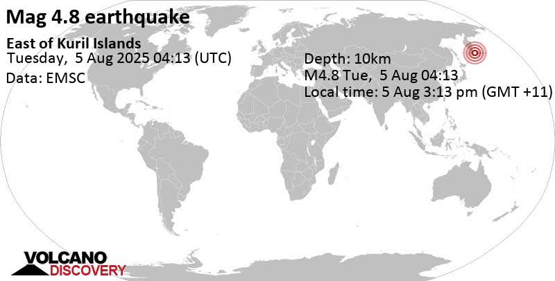 4.8 quake North Pacific Ocean, 126 km east of Ostrov Shumshu Island, Kamchatka, Russia, Aug 5, 2025 03:13 pm (GMT +11)