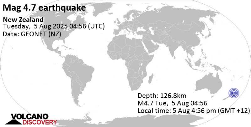 4.7 quake South Pacific Ocean, 26 km north of Whakatane, Bay of Plenty, New Zealand, Aug 5, 2025 04:56 pm (Auckland time)