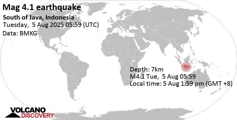 4.1 quake Indian Ocean, 92 km south of Pulau Nusabarung Island, Jawa Timur, Indonesia, Aug 5, 2025 12:59 pm (GMT +7)