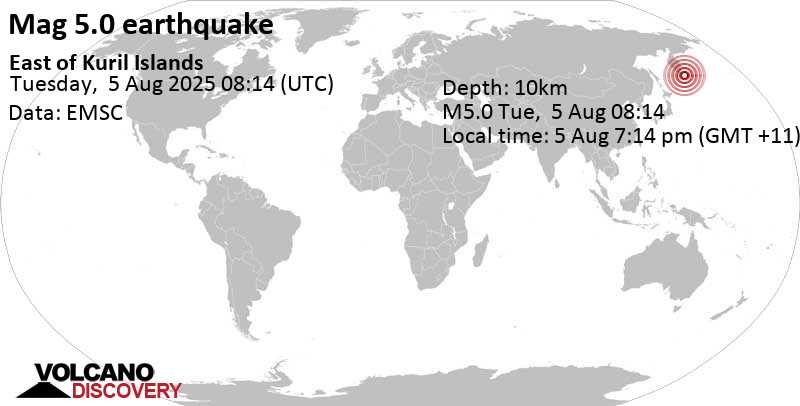 5.0 quake North Pacific Ocean, 122 km east of Ostrov Shumshu Island, Kamchatka, Russia, Aug 5, 2025 08:14 pm (GMT +12)