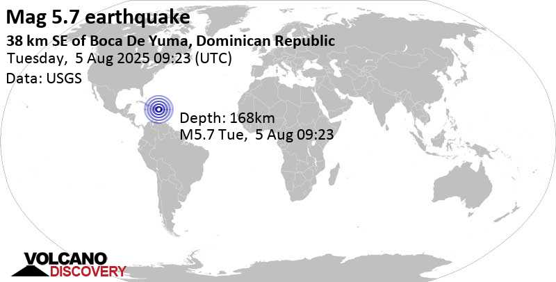 5.7 quake Caribbean Sea, 42 km south of Punta Cana, Dominican Republic, Aug 5, 2025 05:23 am (Santo Domingo time)