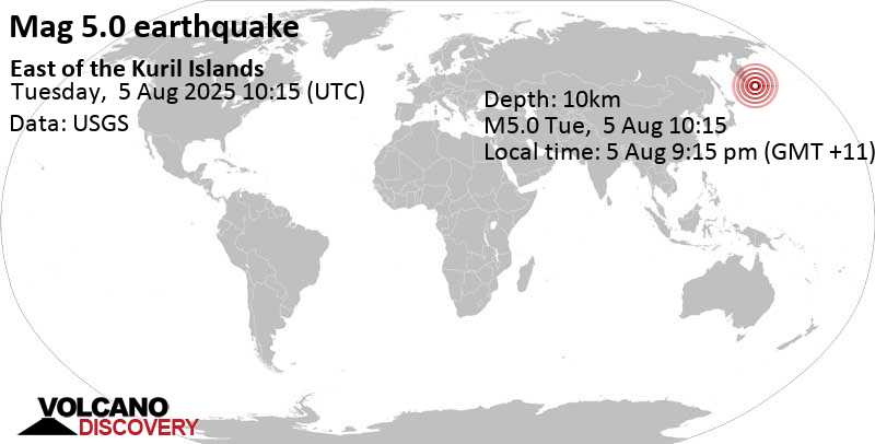 5.0 quake North Pacific Ocean, 401 km south of Petropavlovsk-Kamchatskiy, Kamchatka, Russia, Aug 5, 2025 09:15 pm (GMT +11)