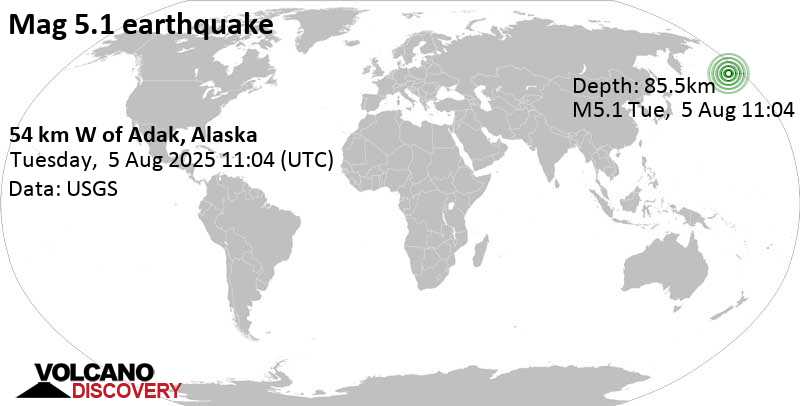5.1 quake Bering Sea, 22 mi east of Tanaga Island, Aleutians West Census Area, Alaska, United States, Aug 5, 2025 01:04 am (Adak time)