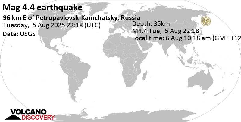 4.4 quake North Pacific Ocean, 96 km east of Petropavlovsk-Kamchatskiy, Kamchatka, Russia, Aug 6, 2025 10:18 am (Kamchatka time)