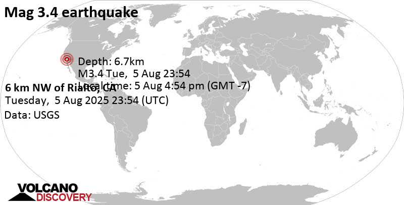 3.4 quake San Bernardino County, 36 mi northeast of Anaheim, Orange County, California, United States, Aug 5, 2025 03:54 pm (Los Angeles time)