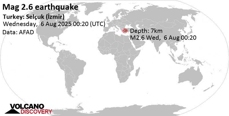 2.6 quake 7.8 km southeast of Selcuk, Izmir, Turkey, Aug 6, 2025 03:20 am (Istanbul time)