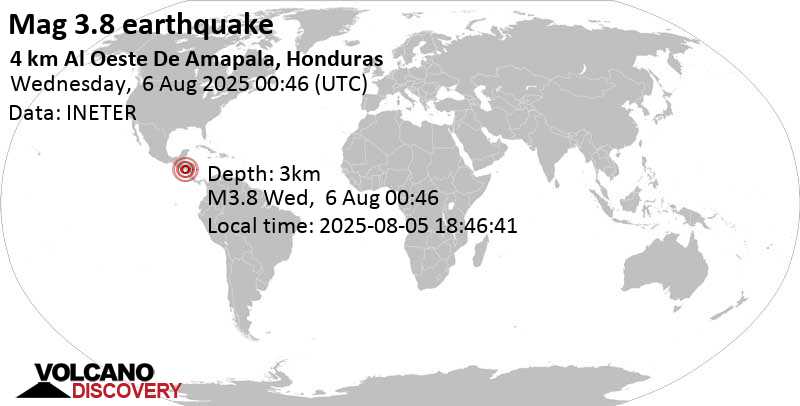3.8 quake North Pacific Ocean, 54 km west of Ciudad Choluteca, Honduras, Aug 5, 2025 06:46 pm (Tegucigalpa time)
