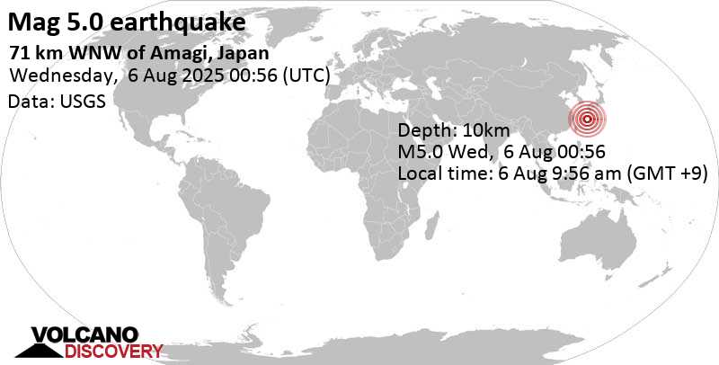 5.0 quake East China Sea, 72 km west of Amagi, Kagoshima-ken, Japan, Aug 6, 2025 09:56 am (GMT +9)